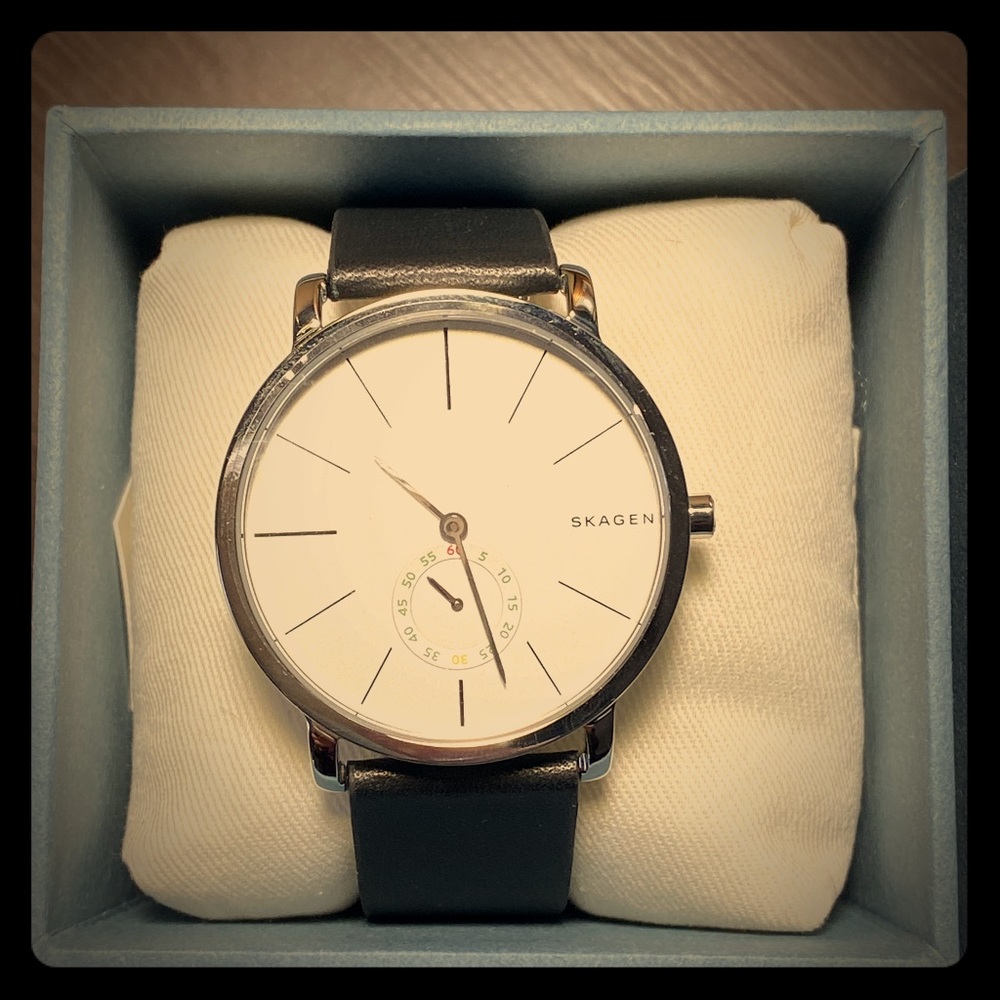 Skagen black leather band watch
